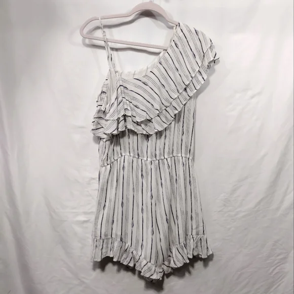 NWT Blu Pepper Romper Women's L White Blue Strips Ruffle Asymmetrical Beach Boho - Picture 2 of 12